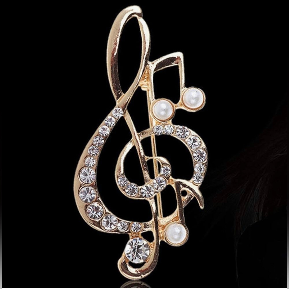 Sparkly Treble Clef + Music Note Fashion Rhinestone, Pearl Brooch Pin, Gold - Picture 6 of 17